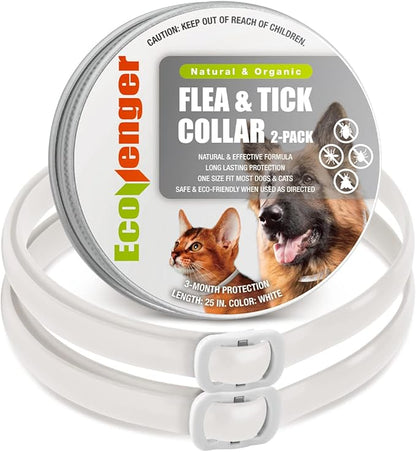 EcoVenger Flea &amp; Tick Collar Repellent 2-Pack White, Fits Both Dogs &amp; Cats, Built-in Pant-Based Formula Strong Repellency Slow Release, Lasting Deterrence and Protection, Pleasant Aroma, Waterproof