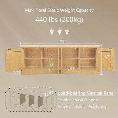 DINZI LVJ Shoe Bench, Entryway Storage Bench with Doors, Cushion, 2-Tier Shoe Rack with 8-Cubby, 47.2”L x 13.8”W Shoe Organizer Cabinet, Adjustable Shelf, Living Room, Bedroom Natural