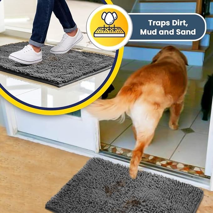 Muddy Mat® Pack of 3 Highly Absorbent Microfiber Dog Door Mat and Pet Rug, Non Slip Thick Washable Area Mat Soft Chenille for Kitchen Bathroom Bedroom and Outdoor - Grey Small, Medium &amp; Large
