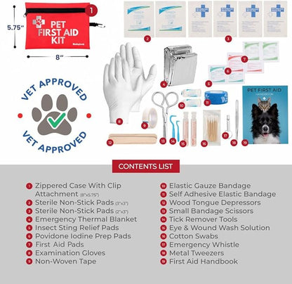 Dog First Aid Kit for Hiking &amp; Travel - Vet Approved Emergency Supplies - Pet First Aid Kit Guide, Tick Remover, Thermal Blanket &amp; More - Compact Dog Hiking Gear for Camping, Hunting, Backpacking
