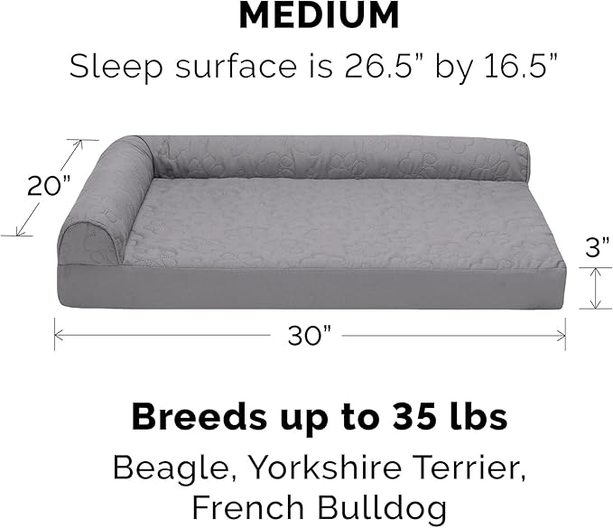 Furhaven Cooling Gel Dog Bed for Medium/Small Dogs w/ Removable Bolsters &amp; Washable Cover, For Dogs Up to 35 lbs - Pinsonic Quilted Paw L Shaped Chaise - Titanium, Medium
