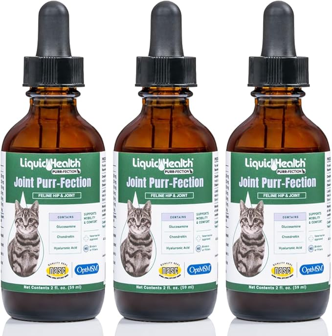 LIQUIDHEALTH Pets Liquid Cat Glucosamine Joint Purr-Fection - Hip &amp; Joint Health Relief Support, Chondroitin Feline Droppers for Senior Older Adult Cats &amp; Kittens - Made in The USA (3 Pack)