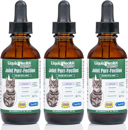 LIQUIDHEALTH Pets Liquid Cat Glucosamine Joint Purr-Fection - Hip &amp; Joint Health Relief Support, Chondroitin Feline Droppers for Senior Older Adult Cats &amp; Kittens - Made in The USA (3 Pack)