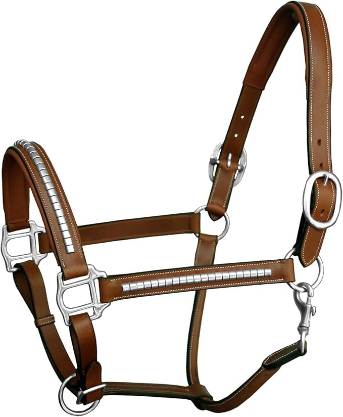 Exion Leather Horse Halter with Padding &amp; Clincher Studs – Adjustable Quick‑Release Crownpiece Halter for Horses – Vegetable‑Tanned Leather in Black &amp; Brown – Cob, Full &amp; Oversize