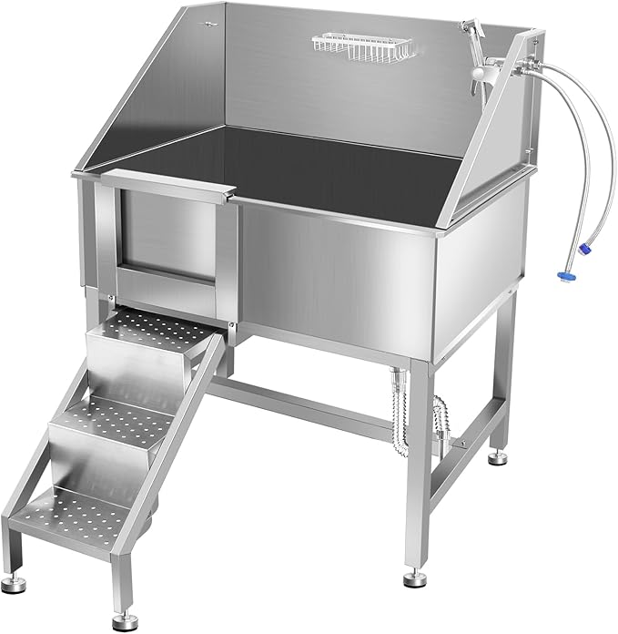 38" Dog Washing Station, Professional Stainless Steel Dog Bathing Station, Equipped with Three Anti-Slip Steps, Removable Door, Upgraded Spray Nozzle&amp;Hose - Ideal for Home, Pet Grooming Salon,L-RAMP