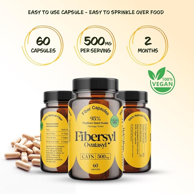 FiberSyl Ovatasyl Prebiotics for Cats Digestive Health - Cat Fiber Supplements for Constipation Relief &amp; Support - Psyllium Husk Seed to Support Digestion Problems - Cat Stool Hardener - 60 Capsules
