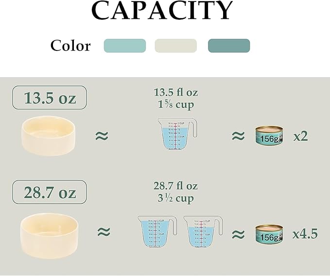 SPUNKYJUNKY Ceramic Dog and Cat Bowl Set with Wooden Stand, Modern Cute Weighted Food Water Set for Small Size Dogs (13.5OZ) &amp; Medium Sized Dogs (28.7OZ) &amp; Cats (1.7 Cups, 2 × Beige)