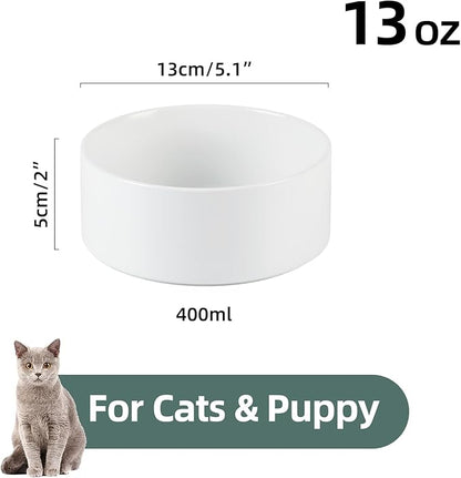 Ceramic 5.1inch Set of 2 Dog and Cat Bowls, Food and Water Feeder for Small Breed Dogs, Kitty, Cats, 2pcs Dog &amp; Cat Dishes(2 Bowls, White)