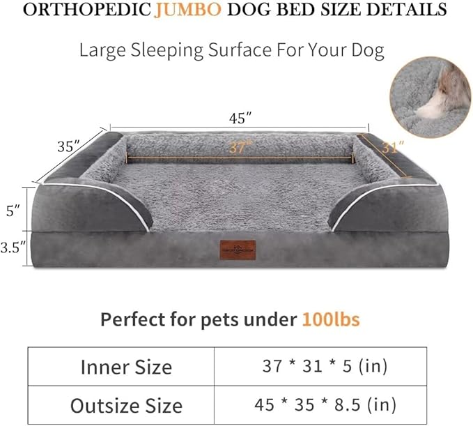 Comfort Expression Memory Foam Dog Beds, Orthopedic Dog Beds for Extra Large Dogs, Waterproof Dogs Beds Jumbo Breed, with Bolster &amp; Removable Cover(Jumbo,Silver Grey)