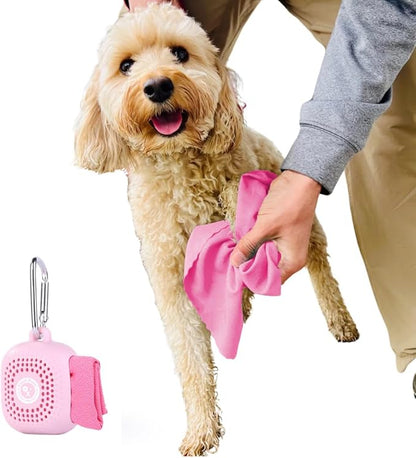 Sweet Paws Portable Dog Paw Towel, Lightweight &amp; Super Absorbent Microfiber, Clips onto Leash, Quick Drying Towel for Dogs Paws with Silicone Case, Dry Dog’s Paws on The Go - Small - Rosy Glow