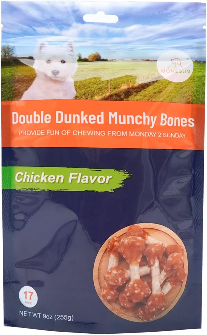 MON2SUN Dog Treats, 9oz Mini Rawhide Chews, Chicken Dumbbells with Rice for Small Dogs &amp; Toy Breed, Crunchy and Healthy (2.5 Inch 17 Count)