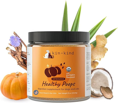 kin+kind Organic Pumpkin Powder for Dogs &amp; Cats for Healthy Poop - Made in USA - Natural Pumpkin Powder Formula w/Flax Seed, Ginger, Turmeric &amp; Coconut - Nutritional Supplement - Large 8oz