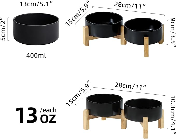 Ceramic Raised Double Bowls Set with Stand, 2 Heights Elevated, Food &amp; Water Bowls for Small Breed Dogs, Cats, Kitty, Weighted Dog Dishes, Pet Bowls(5.1&