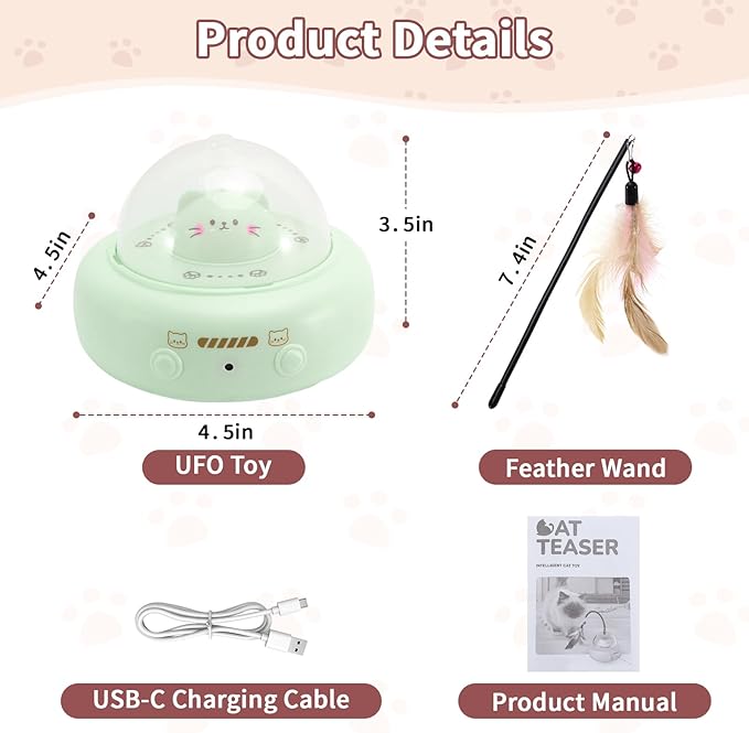 Automatic Cat Toys with Feathers, Interactive Cat Toy for Indoor Exercise, Rechargeable Teasing Toys for Indoor Cats, USB Powered, Smart Standby&amp;Obstacle Avoidance(Green)