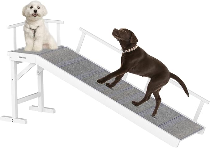 Onelike Wooden Dog Ramp for Bed with Removable Side Rail and Non-Slip Carpet, Stable Pet Ramp Stair for Couch Sofa for Small &amp; Large &amp; Senior Dogs, 60" Long Ramp White