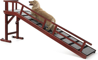 Dog Ramp for Bed or Couch, Wooden Pet Ramp with 20° Gentle Slope, Removable Side Rails, Non-Slip Surface, Top Platform &amp; Wheels, Safe Bed Ramp for Small, Medium &amp; Senior Dogs, 74" Long, Mahogany