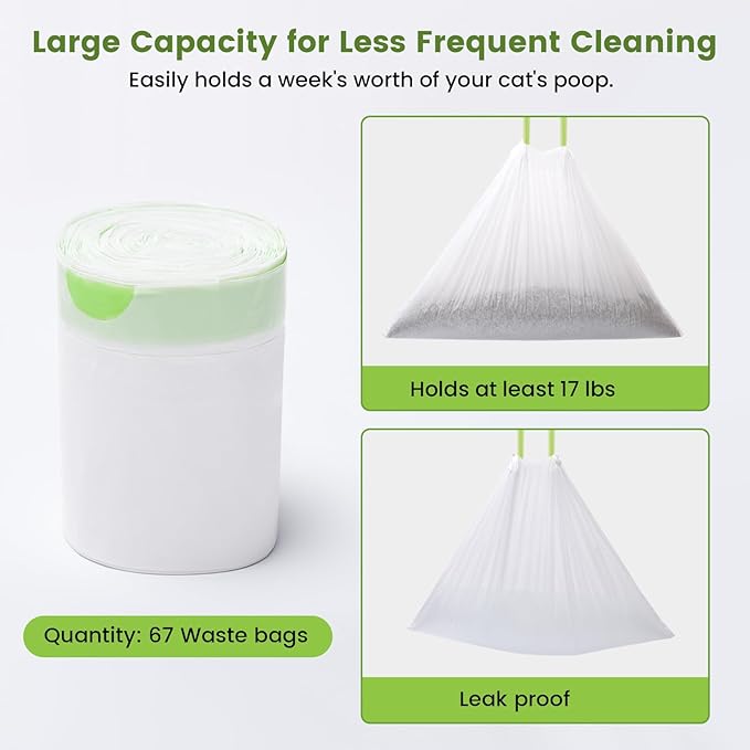 67 Count Waste Drawer Bags for Robot 3 4 and Compatible with Most Self Cleaning Litter Box &amp; ScoopFree Clumping Poop Bin, 9 Gal Kitty Drawstring Liners Leak-proof Disposable Pet Trash Replacement Bags