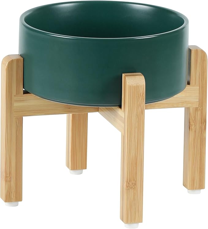 Ceramic Elevated Dog Bowl Set, Food and Water Bowl for Medium Dogs, Weighted Dishes, Green (7.3&