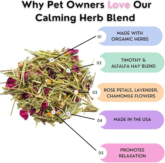 Herbal Calming Forage: Premium Rabbit Food, Hay for Guinea Pigs Food, Chinchilla Food, Hamster Treat Made with Timothy Hay &amp; Organic Herbs (10 Ounces)