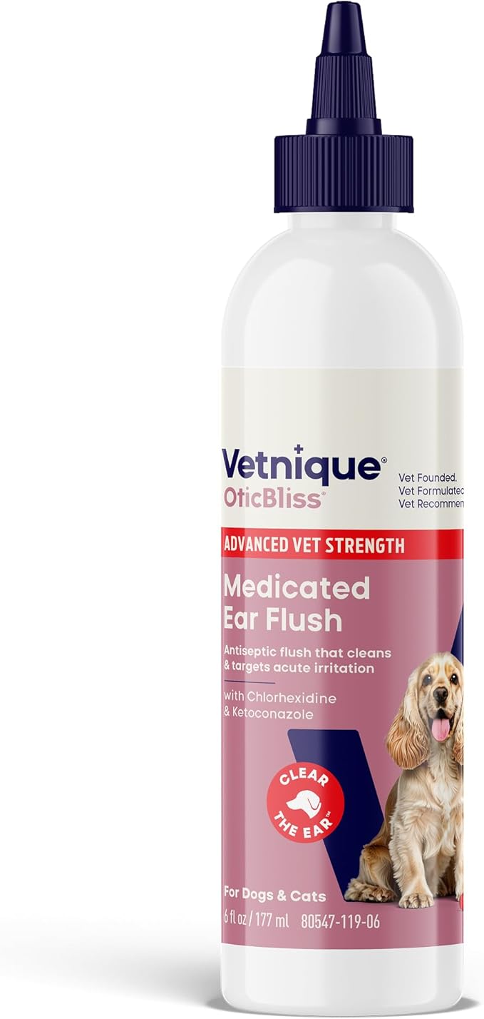 Vetnique Oticbliss Advanced Strength Medicated Dog Ear Infection Treatment, Antiseptic Ear Cleaner for Cat &amp; Dog Ear Cleaning Solution Chlorhexidine &amp; Ketoconazole (6oz Flush)