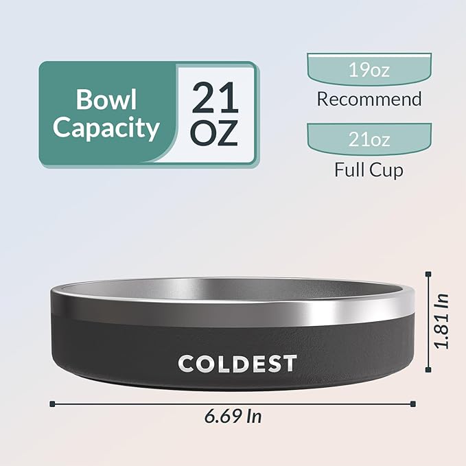 Coldest Dog Bowl - Anti Rust Metal, Non Slip, 3 Layers Insulated Stainless Steel Dog Bowls - Spill Proof &amp; Heavy Duty - Water Bowl for Dogs, Cats &amp; Pets, Dish Washer Safe (21 oz, Stealth Black)