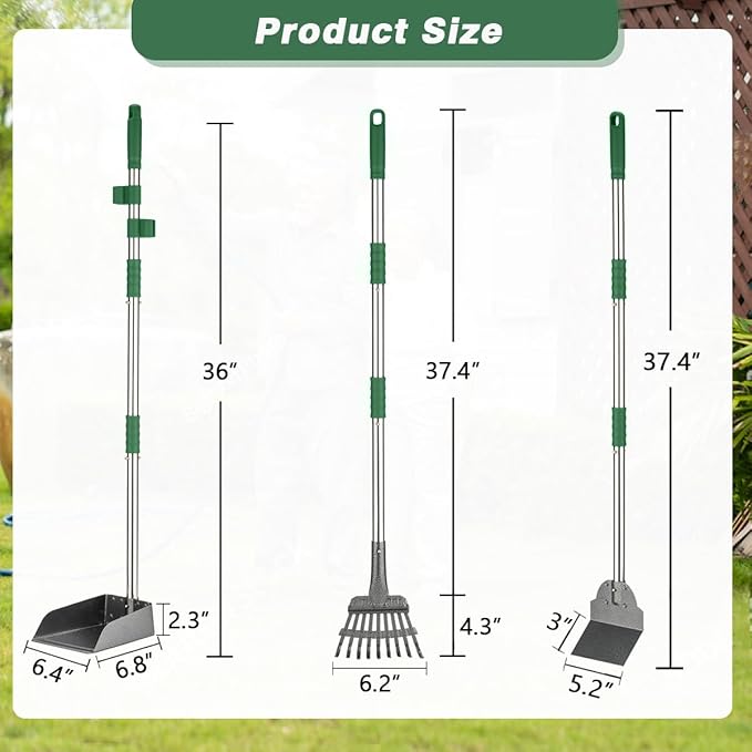 Pooper Scooper, Long Handle Dog Pooper Scooper, Heavy Duty Stainless Steel Rake with Tray &amp; Spade Set for Pet Waste Removal, for Grass, Dirt or Gravel - Green
