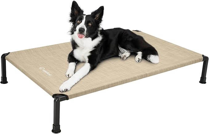 Veehoo Heavy Duty Elevated Dog Bed - Raised Dog Cot with Washable &amp; Breathable Teslin Mesh, Non-Slip Silicon Feet, Cooling for Indoor or Outdoor, 35" x 22", Beige Coffee