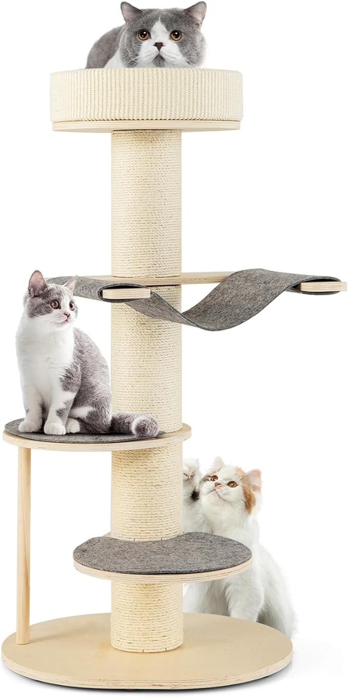 Tangkula Wood Cat Tree, 47 Inch Multi-Layer Cat Tower with 5.7” Thicker Sisal Covered Scratching Posts &amp; Carpet, Padded Top Perch, 2 Jumping Platforms, Hammock, Modern Cat Tree Tower for Indoor Cats
