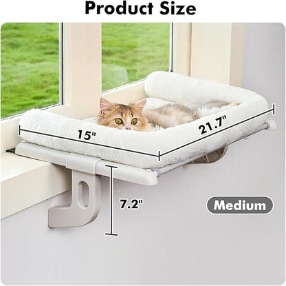 Cat Window Sill Perch with Large Bolster, Easy to Adjust &amp; Assemble Cat Window Seat for Windowsill &amp; Bedside, Pet Hammock Bed for Large Cats and Kittens (White, M)