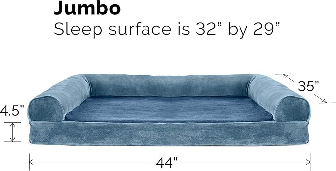 Furhaven Orthopedic Dog Bed for Large Dogs w/ Removable Bolsters &amp; Washable Cover, For Dogs Up to 95 lbs - Faux Fur &amp; Velvet Sofa - Harbor Blue, Jumbo/XL
