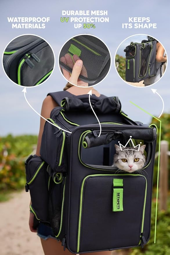 Cat Backpack Carrier &amp; Dog Car Seat for Small Pets Up to 25 lbs - Expandable Cat Carrier Backpack with Safety Leash and Breathable Mesh - Waterproof for Travel - 3 in 1