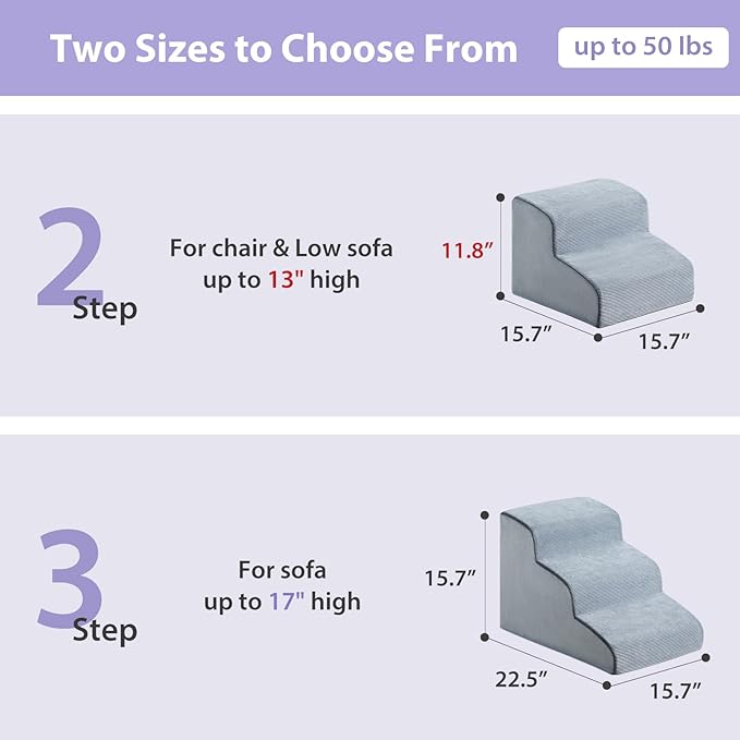 Dog Stairs for Small Dogs, 2-Steps Dog Ramp for Couch, Pet Stairs with Highly Supportive Foam and Non-Slip Bottom, Pet Steps for Cat &amp; Doggie (High 11.8 Inch)