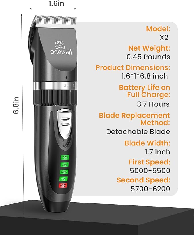oneisall Quiet Cat Clippers for Matted &amp; Long Hair, 2-Speed Cordless Pet Shaver Grooming Kit for Cats, Small Dogs &amp; Animals (Black)