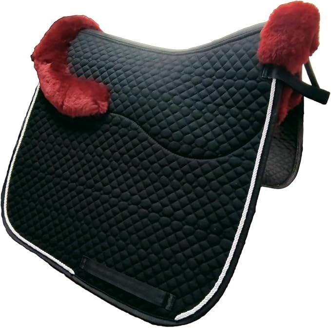 Woolous Dressage Saddle Pad, English Saddle Pad with Sheepskin Trim, Lambskin Wool Fleece Lining, Square Saddle Pad for Equestrian Riding, Comfortable &amp; Shock Absorbing