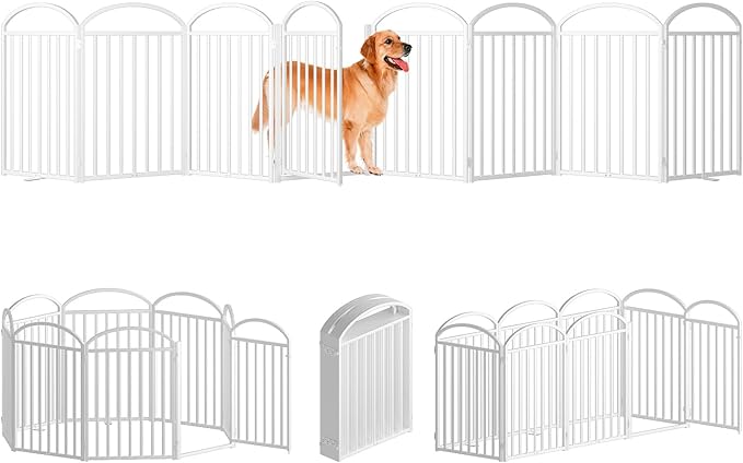 8 Panles Full Matel Freestanding Dog Gates with Door, 192"Extra Wide 32"Tall Free Standing Dog Pet Gate for Indoor &amp; Outdoor. Foldable Pet Fences for Doorways, House, Stairs, Porch, Deck, Yard