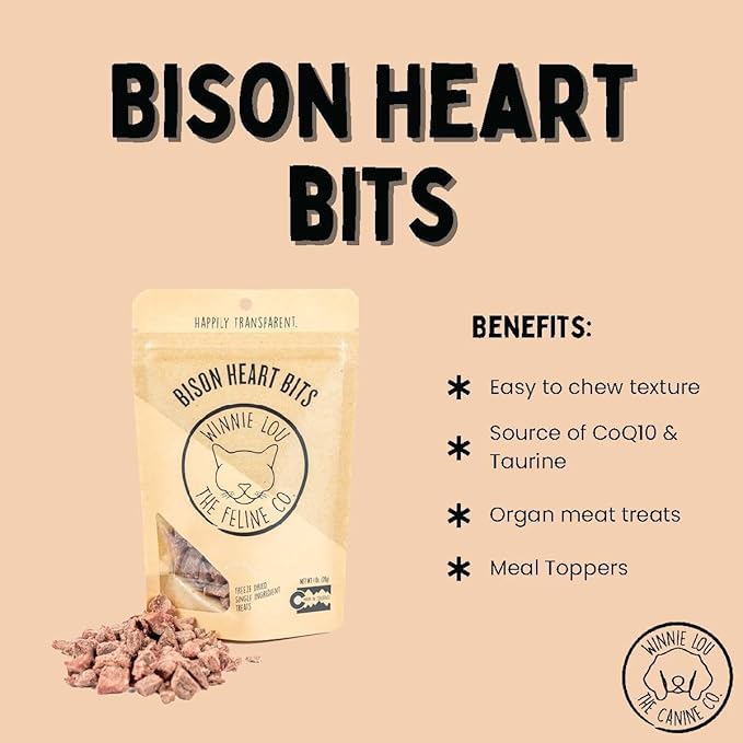 Grass-Fed Bison Heart Bits Cat Treats (Pack of 3) - Single Ingredient, High Protein Cat Food Snacks, Grain Free &amp; Made in USA, with Taurine, Iron &amp; Zinc for Healthy Cats