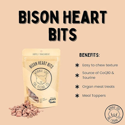 Grass-Fed Bison Heart Bits Cat Treats (Pack of 3) - Single Ingredient, High Protein Cat Food Snacks, Grain Free &amp; Made in USA, with Taurine, Iron &amp; Zinc for Healthy Cats