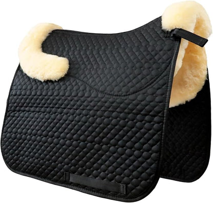 Woolous Dressage Saddle Pad, English Saddle Pad with Sheepskin Trim, Lambskin Wool Fleece Lining, Square Saddle Pad for Equestrian Riding, Comfortable &amp; Shock Absorbing