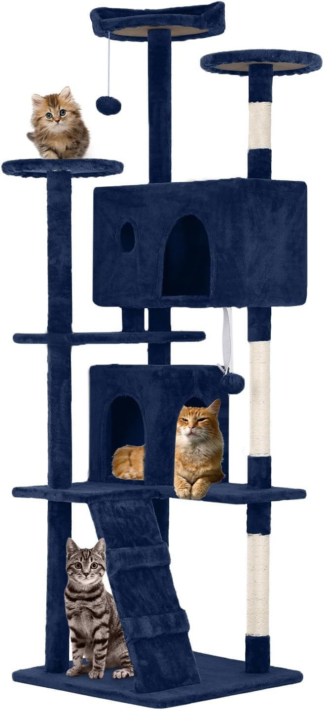 FDW Cat Tree 70in Cat Tower Multi-Level Durable Cat Scratching Post &amp; Cozy Fun Cat Jumping Platform Space Saving Cat Condo Pet Play House for Indoor Cats,Navy Blue