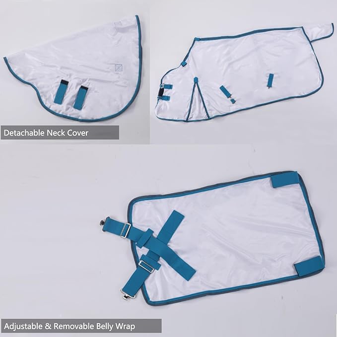 Horse Fly Sheet with Detachable Neck Cover &amp; Belly Wrap, Adjustable Fly Sheet for Horses, Ventilated Airflow Mesh Equine Cooling Summer Flysheet White 66
