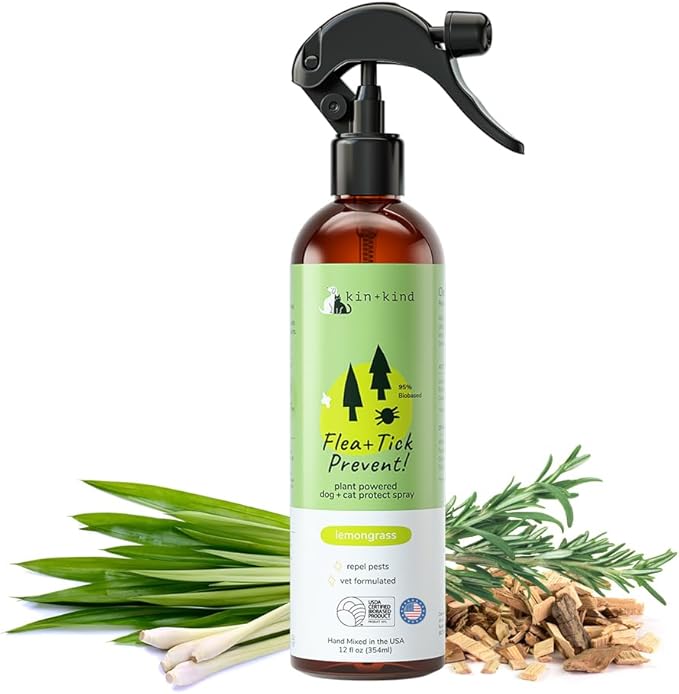 kin+kind Plant-Based Flea &amp; Tick Spray for Dogs and Cats with Lemongrass - Essential for Flea &amp; Tick Treatment - Flea Spray for Dogs and Cats - Pet Supplies 12 fl oz