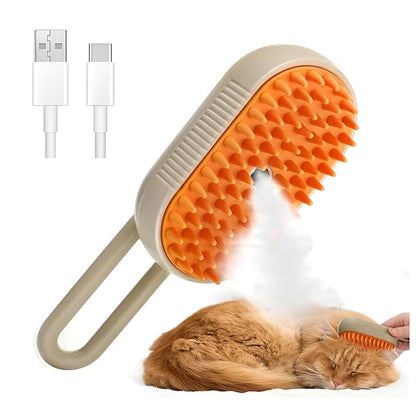 4-in-1 Cat Steam Brush for shedding–Self-Cleaning Comb for Long and Short Hair Cats and Dogs, Steam Pet Brush for Hair Removal, Vibrating Message, Grooming &amp; Relaxation (Khaki)
