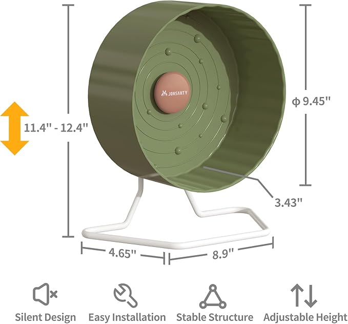 9.5" Silent Hamster Wheel, Exercise, Release Stress, Relieve Anxiety, Adjustable Height Stand, for Syrian Dwarf Hamster, Gerbil, Mice, Small Medium Sized Pets, Green