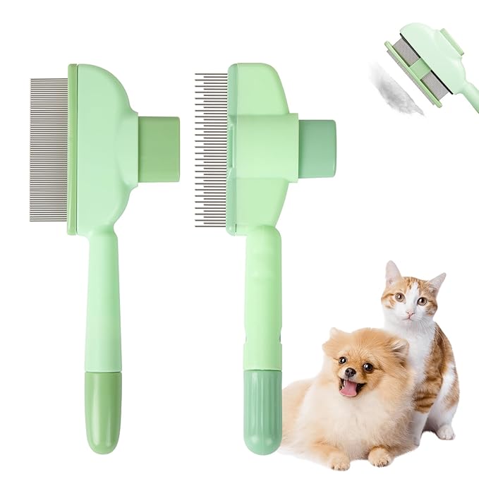 Pet Comb for Cats &amp; Dogs, One-Touch Hair Release Button, Dense-Tooth &amp; Mixed-Length Teeth 2-Piece Set, for Long &amp; Short Hair, Gentle Pain-Free Design (Green)
