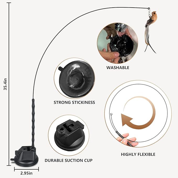Cat Toys for Indoor Cats, Interactive Bird Cat Toy Self-Holding Suction Base with 5 Replaceable Birds, Door Hanging String, Feathers &amp; Bells | Chase, Jump &amp; Exercise for Kittens/Adult Cats