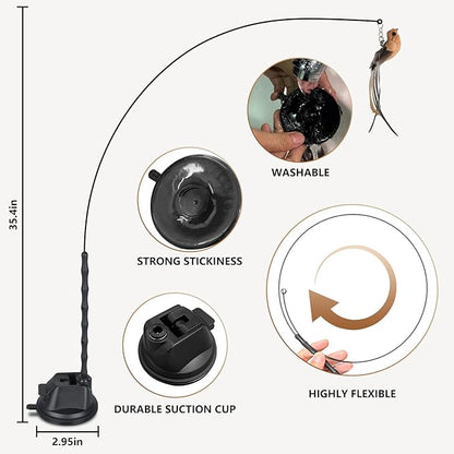 Cat Toys for Indoor Cats, Interactive Bird Cat Toy Self-Holding Suction Base with 5 Replaceable Birds, Door Hanging String, Feathers &amp; Bells | Chase, Jump &amp; Exercise for Kittens/Adult Cats