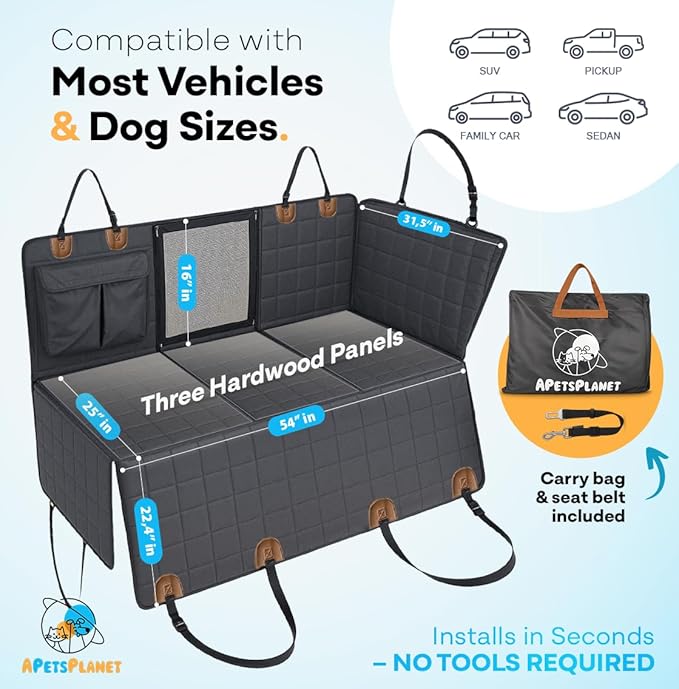 APetsPlanet Dog Car Seat Cover for Back Seat Hard Bottom - Waterproof Backseat Extender for Dogs - Pet Hammock for Car, Truck, SUV - Protector Bed with Mesh Window &amp; Storage - Black, with Door Covers