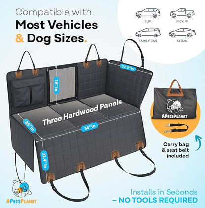 APetsPlanet Dog Car Seat Cover for Back Seat Hard Bottom - Waterproof Backseat Extender for Dogs - Pet Hammock for Car, Truck, SUV - Protector Bed with Mesh Window &amp; Storage - Black, with Door Covers