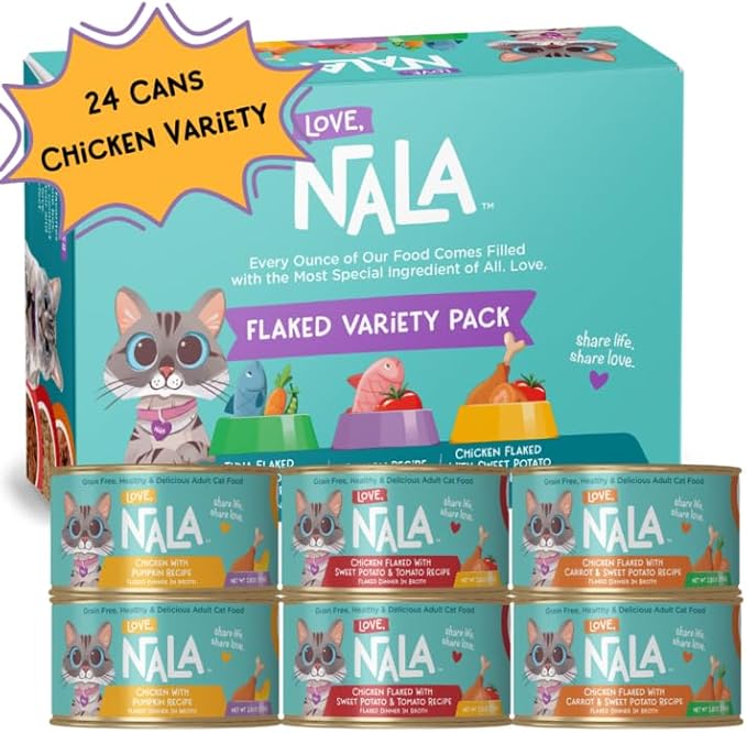 LOVE, NALA - FLAKED Chicken Variety Pack - 24 Pack - Natural Adult Cat Wet Food - Grain Free, Non-GMO, Lean Protein, Omega 3, Digestive Fiber, Added Minerals &amp; Vitamins