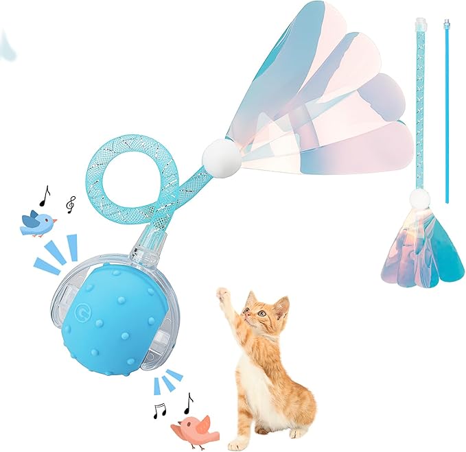 Interactive Cat Toys Ball for Indoor Cats, Automatic Agile Rolling Cat Ball with Elastic Mesh Tail, Bird Chirping &amp; Motion Activated, 2 Tail Accessories, Kitten Toy for Bored (Blue)